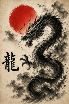 Japanese dragon sumi-e ink painting with red rising sun and kanji calligraphy on aged washi paper