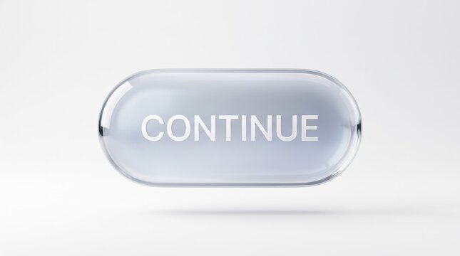 Minimalist crystal glassmorphism continue button with soft light reflections on white base