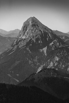 Dramatic black and white landscape of the Grosser Pyhrgas mountain peak in the Austrian Alps seen from Hochkar