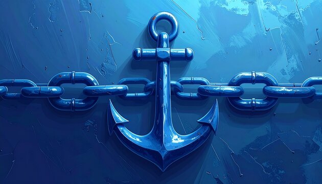 Close up of a large metal anchor with chain on textured surface.