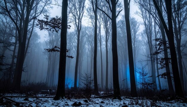 Misty Forest with Blue Glows and Frosted Ground