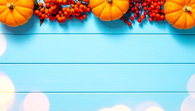 Pumpkins and Red Berries on Blue Wooden Surface