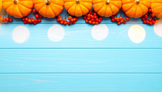 Pumpkins and Red Berries on Blue Wooden Surface