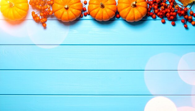 Pumpkins and Red Berries on Blue Wooden Surface