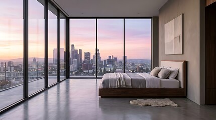 Obraz premium Modern Luxury Bedroom with Panoramic City Skyline View at Sunset
