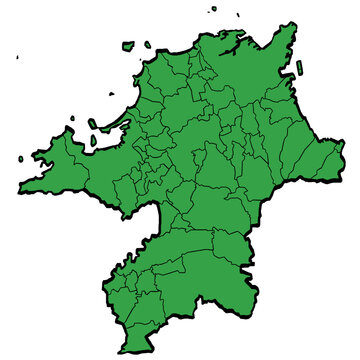 福岡県地図 市町村区分 緑色 筆タッチ 和風 西日本 / A brushstroke map of Fukuoka Prefecture / green