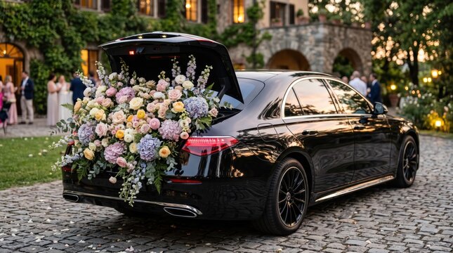 Black luxury sedan with open trunk overflowing with pastel floral arrangement on cobblestone driveway outside stone venue at dusk, wedding arrival and elegant celebration atmosphere