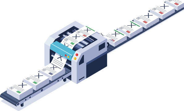 Isometric printing machine prints ballot papers on conveyor belt for election collection set