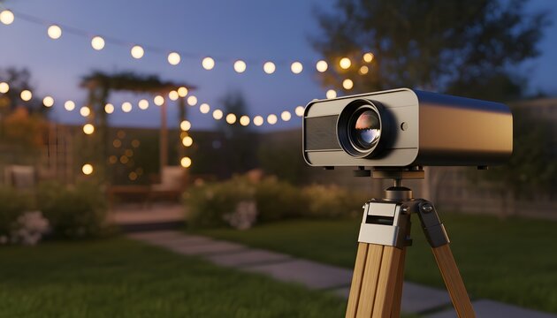 Sleek modern movie projector on wooden stand setup in a domestic backyard garden for an outdoor movie night cinema entertainment concept at dusk with string lights