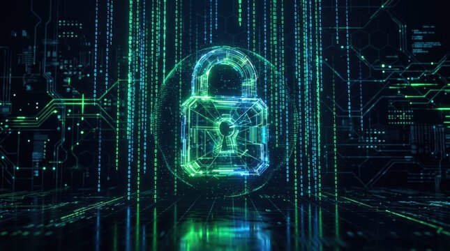 Abstract digital padlock icon glowing with binary code data stream, cybersecurity and data protection featuring encrypted network security firewall and privacy shield on dark