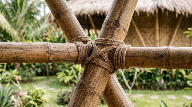 Bamboo structure tied with natural rope in a tropical garden