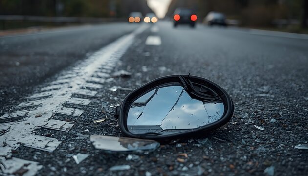 Broken Car Side Mirror and Shattered Glass on Asphalt Road After Accident