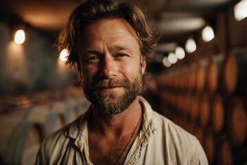 Obraz premium Winemaker stands among oak barrels in a winery during the afternoon