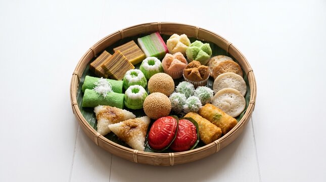 Variety of traditional Indonesian cakes called jajanan pasar including lapis, kue ku, risoles, klepon, onde-onde, and serabi arranged on a bamboo tray over a white background.