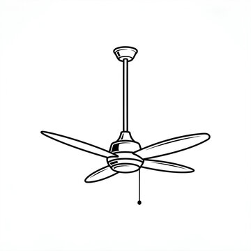 Black and white symbolic vector icon of a ceiling fan with pull chain, indoor cooling and home ventilation appliance concept graphic