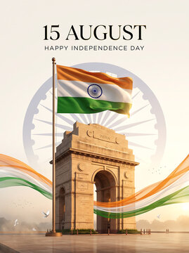 Waving national flag over historic stone memorial monument celebrating independence day during summer sunset golden hour with displays triumphant national