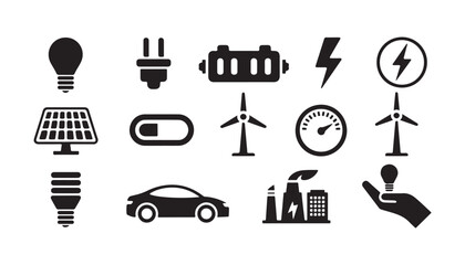 Collection of energy and environmental icons including solar panel wind turbine and light bulb. © Lover