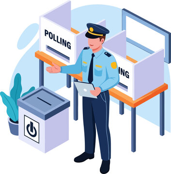 Police officer standing guard next to white polling booths and a ballot box