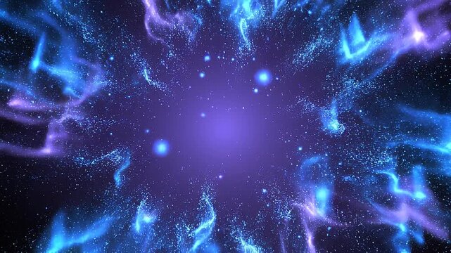 Radial shockwave glowing blue aurora particles expansion concept. Abstract glowing blue and purple energy burst with dynamic particle explosion effect on dark background