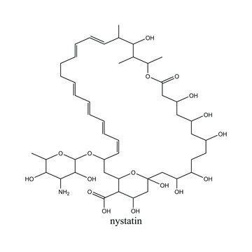 Skeletal chemical structure of Nystatin, a polyene antifungal medication used to treat Candida infections. Scientific molecular illustration isolated on white.