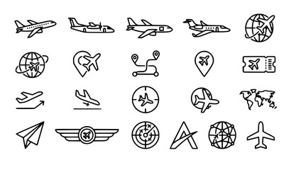 Fototapeta premium Modern Airplane Outline Vector Icon Set for Aviation Travel and Global Navigation