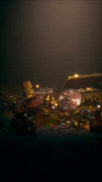 Camera Orbiting Golden Treasure Hoard Close Up with Shield in Dark Foggy Cave