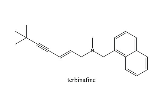 Skeletal chemical structure of Terbinafine, an antifungal medication used to treat fungal skin and nail infections. Scientific molecular illustration isolated on white.