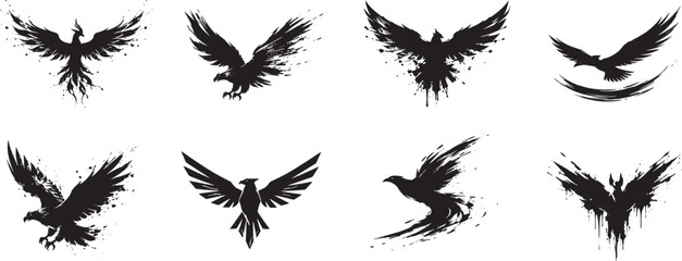 Naklejka premium Black Raven and Eagle Silhouette Collection with Grunge Ink Splash, Flying Bird Vector Set, Distressed Wing Illustrations for Tattoo, Logo, Emblem, and Gothic Design Concept
