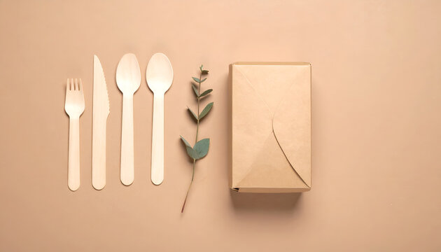 Eco-friendly disposable cutlery and food packaging on a neutral background.