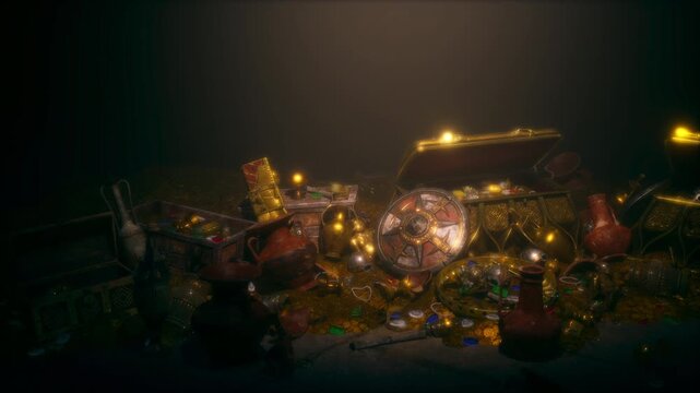 360 Rotating View of Ancient Treasure Chests Shields and Gold Coins in Dungeon