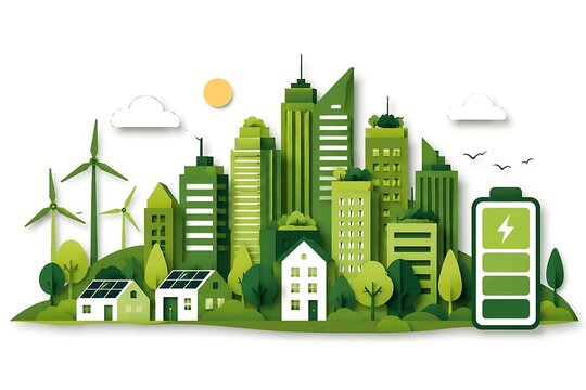 Paper Cut Style Eco City Illustration With Renewable Energy Battery And Solar Panels