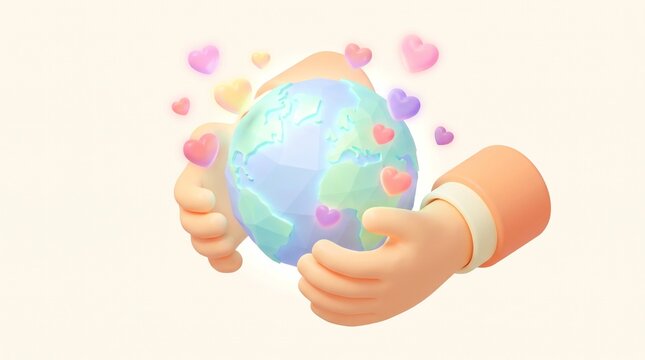 Hands hold a stylized 3D globe surrounded by floating colorful hearts to represent global love and environmental care.