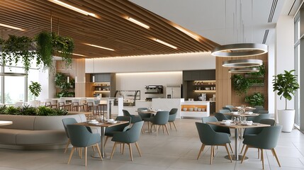 Fototapeta premium Modern cafe interior with abundant natural light during the day featuring contemporary seating and lush greenery for a relaxed atmosphere