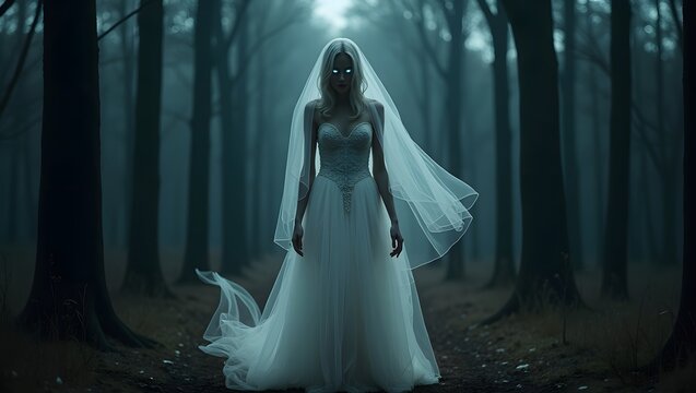 Ethereal ghost bride standing in dark misty forest with supernatural apparition mysterious