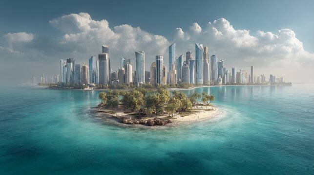 Vibrant Urban Skyline Overlooking Tropical Island in Clear Water