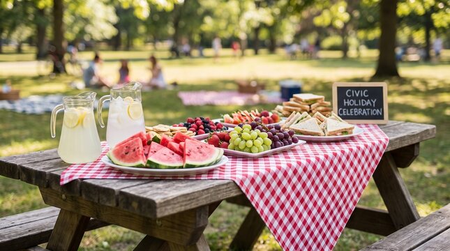 Picnic table holds a spread of fresh watermelon slices, grapes, and assorted sandwiches during an outdoor gathering in a sunlit park setting, with a sign indicating a civic holiday celebration.