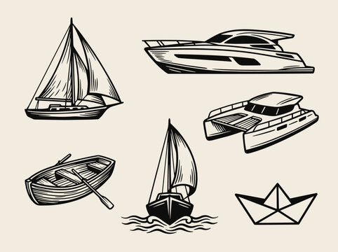 Sailboat icon set with yacht, catamaran and dinghy in linocut style on cream background, travel concept