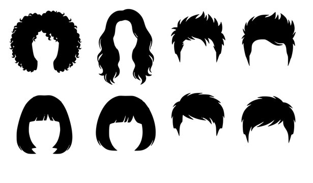 Minimal Black Hair Style Silhouette Vector Icons Featuring Six Diverse Haircuts Collection