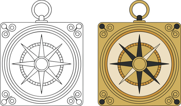 Vintage Compass Design with Line Art and Colored Navigation Illustration