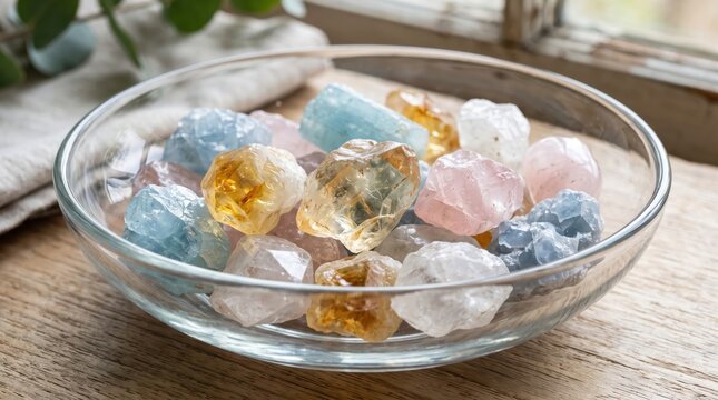 Clear glass bowl filled with assorted polished crystal stones on wooden table by window, pastel tones of rose quartz, citrine and aquamarine with natural light