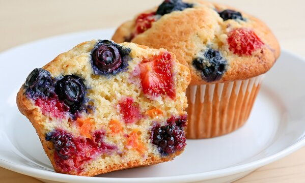 A vanilla muffin that was blueberries, strawberries, blackberries and carrots inside the batter and have it cut in half to show it in the inside