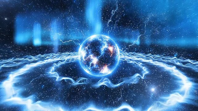 Futuristic glowing energy sphere with electric blue light effects and dynamic energy waves in dark space