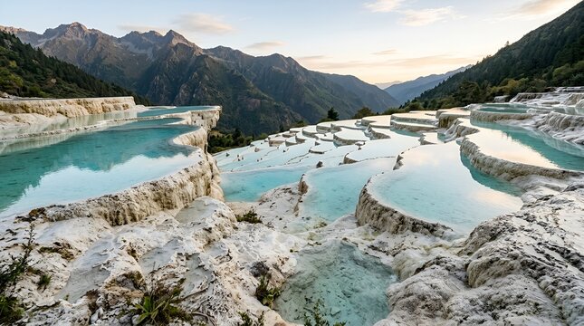 Natural White Travertine Terraces with Turquoise Mineral Pools in a Mountain Landscape