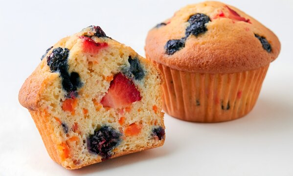 A vanilla muffin that was blueberries, strawberries, blackberries and carrots inside the batter and have it cut in half to show it in the inside