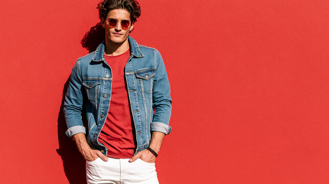 Stylish young man in denim jacket and sunglasses posing against a bright red wall