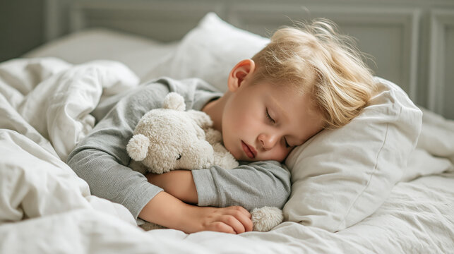 Sleeping child cuddling a teddy bear in bed for peaceful nap and bedtime comfort