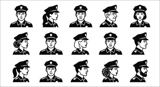 Collection of uniformed pilot headshots black and white vector illustrations on a white background aviator airman flight crew airline