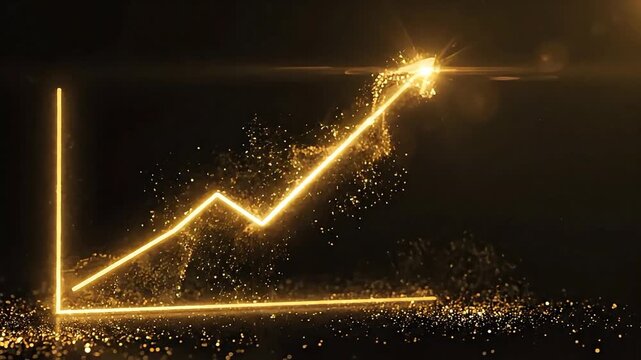 Golden glowing upward trending graph made of particles, symbolizing growth, success, and financial progress with a bright light flare at the peak