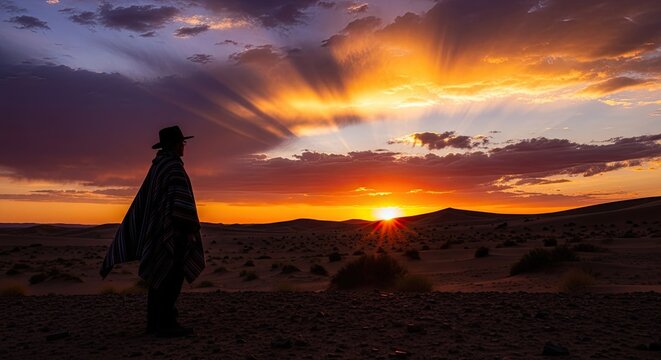 Man in Poncho Watching Dramatic Desert Sunset with Sun Rays