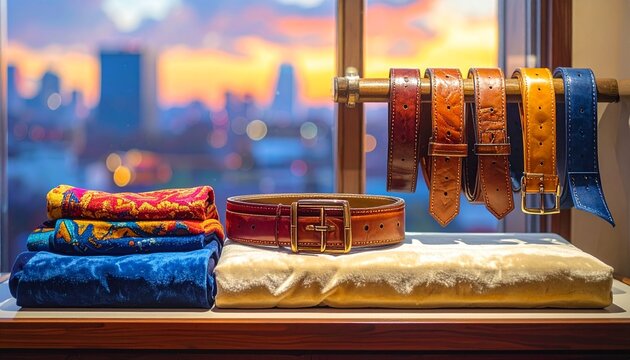 Colorful Leather Belts and Scarves on Display Shelf.